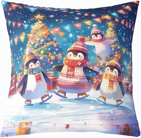 Cartoon Penguin Pillow Cover 20x20 Inch Colorful Christmas Lights New Year Cushion Cover for Kids Boys Girls Teens Lovely Wild Animal Winter Theme Pillow Case for Bedroom Couch