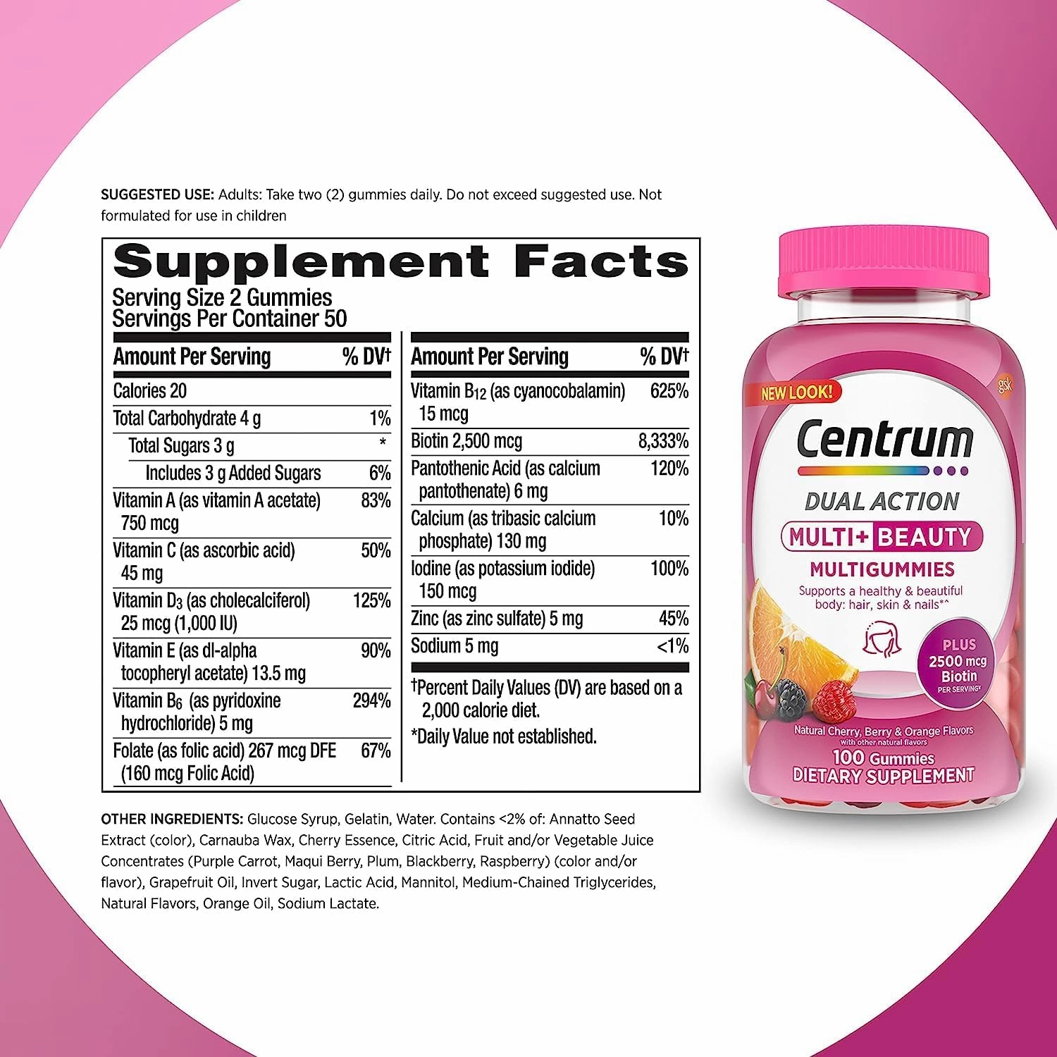 Centrum MultiGummies Multi  Beauty Dual Action Multivitamin, Specially Designed with Biotin for Healthy Hair, Skin and Nails, Cherry/Berry/Orange Flavors - 100 Count   Free Guide Vitamins Supplements