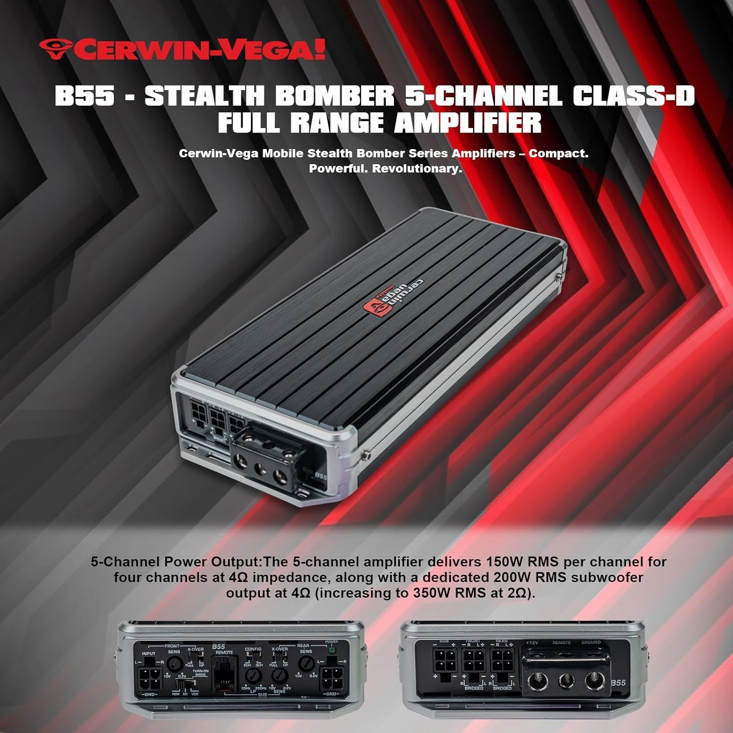 Cerwin-Vega B55 – Stealth Bomber 5-Channel Class-D Full Range Amplifier | 150W x 4 RMS, 350W x 1, Compact & Powerful