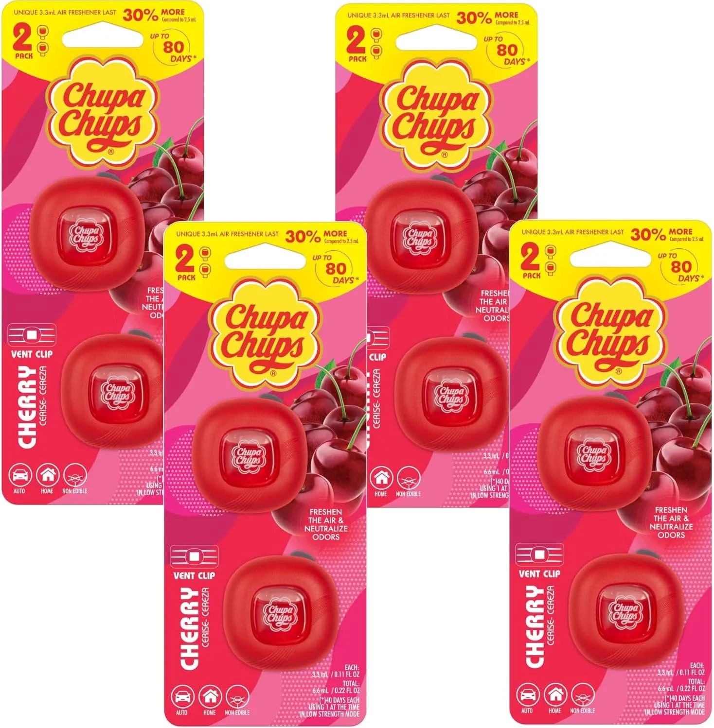 Chupa Chups Car Air Freshener, Candy Cherry - Long Lasting Car Fresheners with Fun Scents, Colorful and Vibrant Air Freshener for Car, Unique Car Freshner Perfume Deodorizer- 4Pack (8pcs Total)