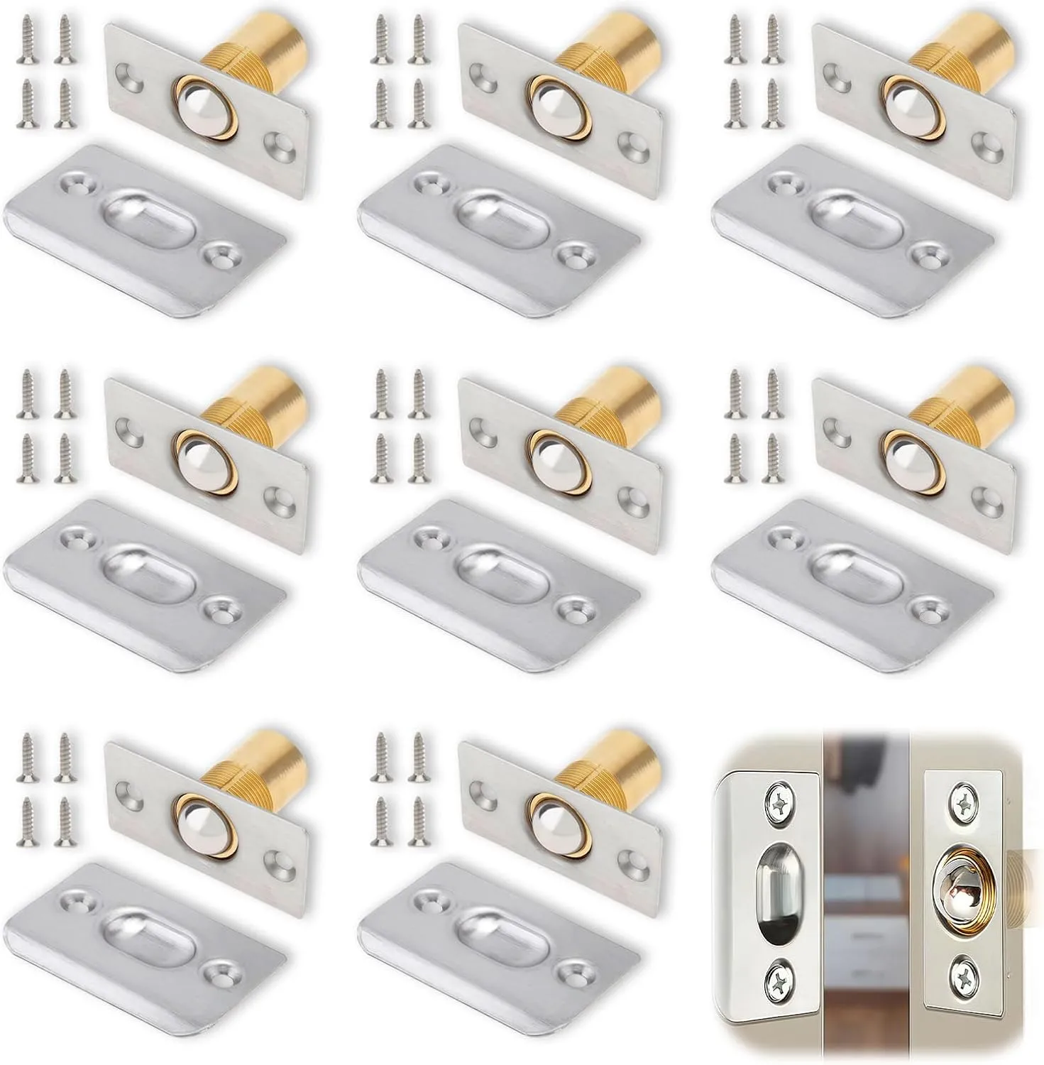 Closet Door Ball Catch, Ball Catch for Top of Door, Adjustable Bearing Buckle with Stainless Steel Buckle, Brushed Satin Finish (8 Silver)