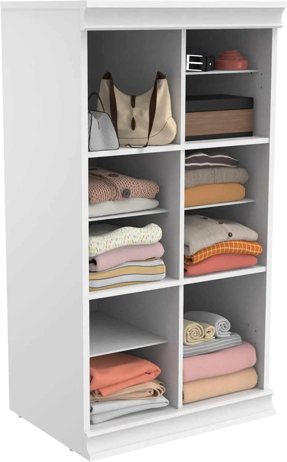 ClosetMaid Modular Storage Shelf Unit with 12 Shelves, Wood Closet Organizer Adjustable, Dividers, Stacking, Full Backer, Decorative Trim, White