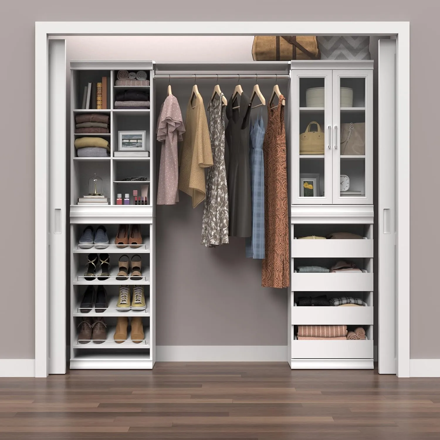 ClosetMaid Modular Storage Shelf Unit with 12 Shelves, Wood Closet Organizer Adjustable, Dividers, Stacking, Full Backer, Decorative Trim, White