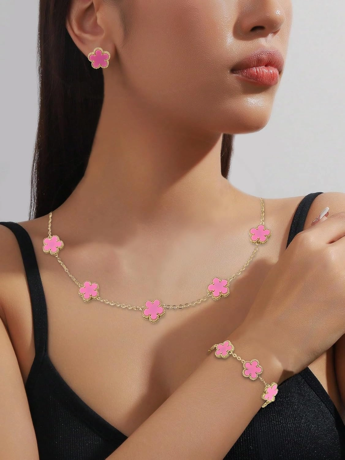 Clover Neckalce Bracelet Earring Set for Women 14K Gold Plated Stainless Steel Four Leaf Clover Jewelry Set