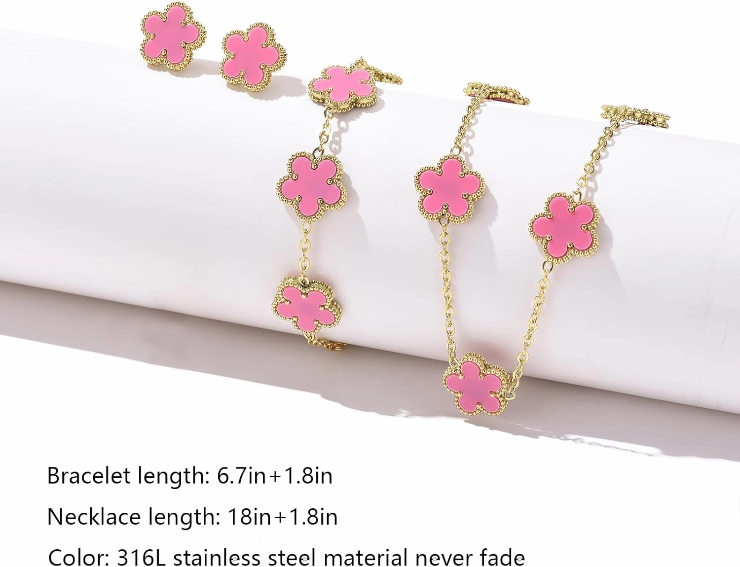 Clover Neckalce Bracelet Earring Set for Women 14K Gold Plated Stainless Steel Four Leaf Clover Jewelry Set