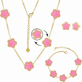 Clover Neckalce Bracelet Earring Set for Women 14K Gold Plated Stainless Steel Four Leaf Clover Jewelry Set