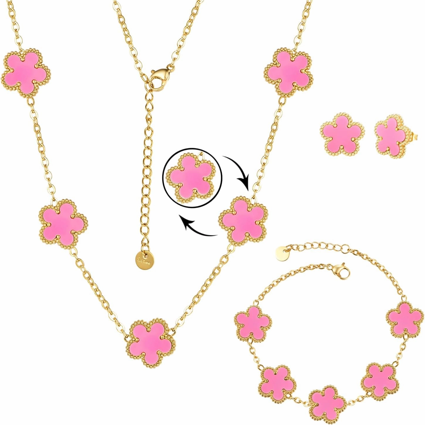 Clover Neckalce Bracelet Earring Set for Women 14K Gold Plated Stainless Steel Four Leaf Clover Jewelry Set