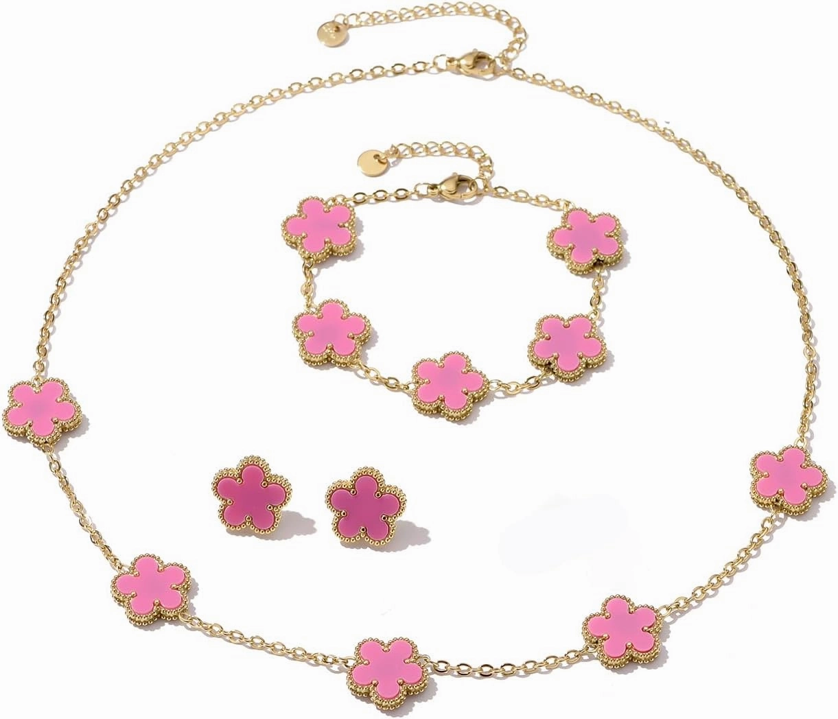 Clover Neckalce Bracelet Earring Set for Women 14K Gold Plated Stainless Steel Four Leaf Clover Jewelry Set
