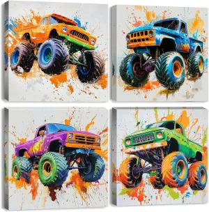 Colorful Hot Wheels Monster Truck Wall Art Watercolor Car Wall Decor for Kids Room Nursery Trucks Pictures Boys Bedroom Canvas Vehicle Prints Posters Artwork Bathroom Gamer Home Decorations 12x12" 4P