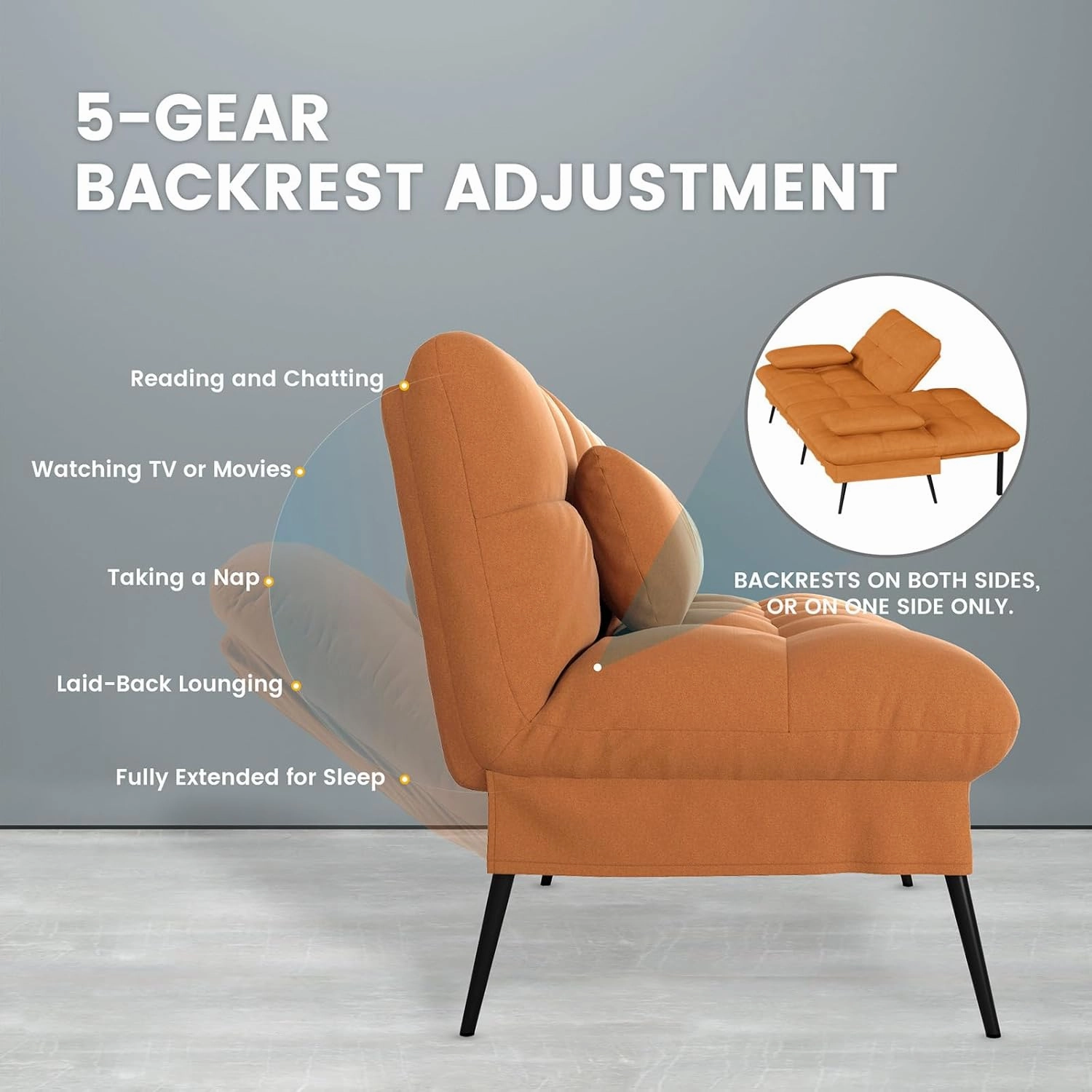 COMHOMA Convertible Sofa Bed,68″Fabric Couch with Adjustable Backrest,Loveseat Recliner Sleeper Living Room Furniture futon Set,Orange