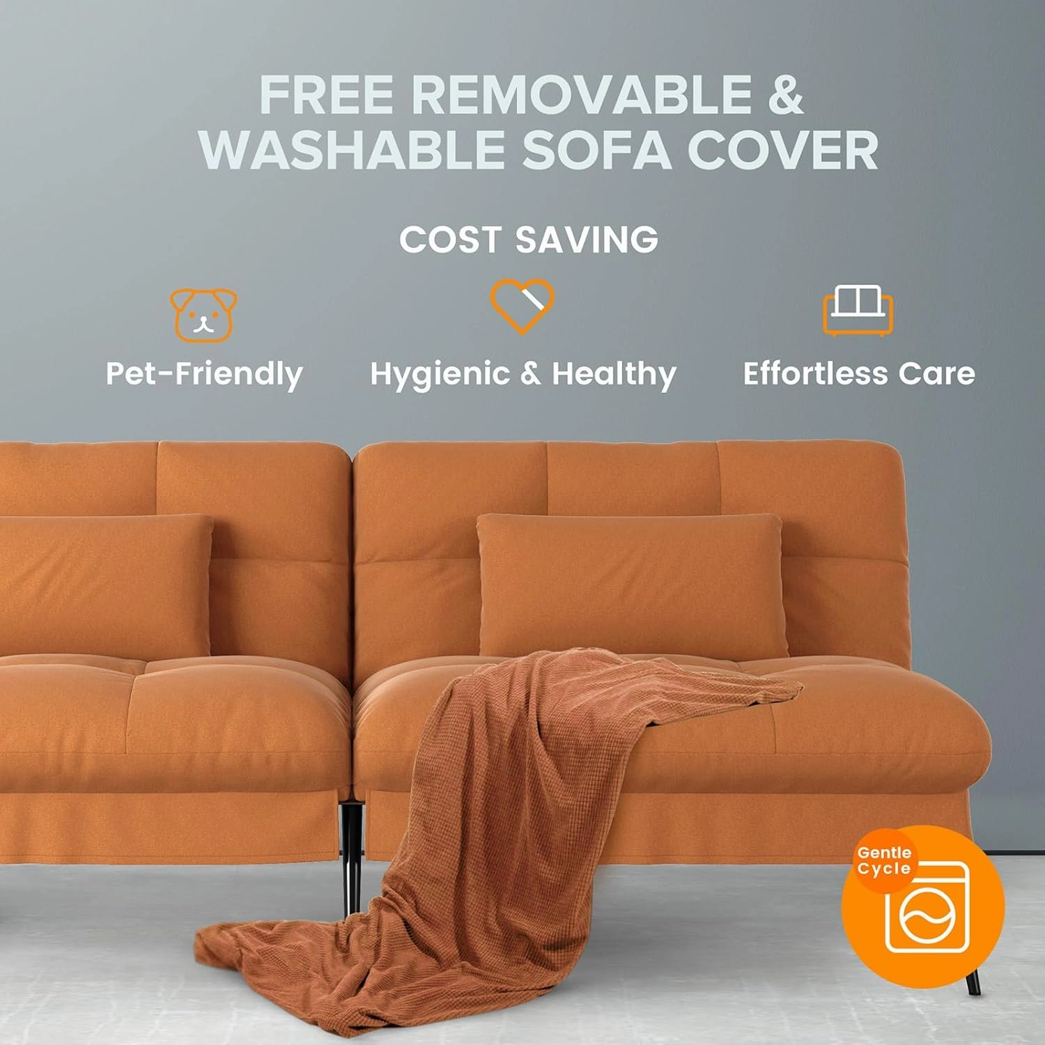 COMHOMA Convertible Sofa Bed,68″Fabric Couch with Adjustable Backrest,Loveseat Recliner Sleeper Living Room Furniture futon Set,Orange