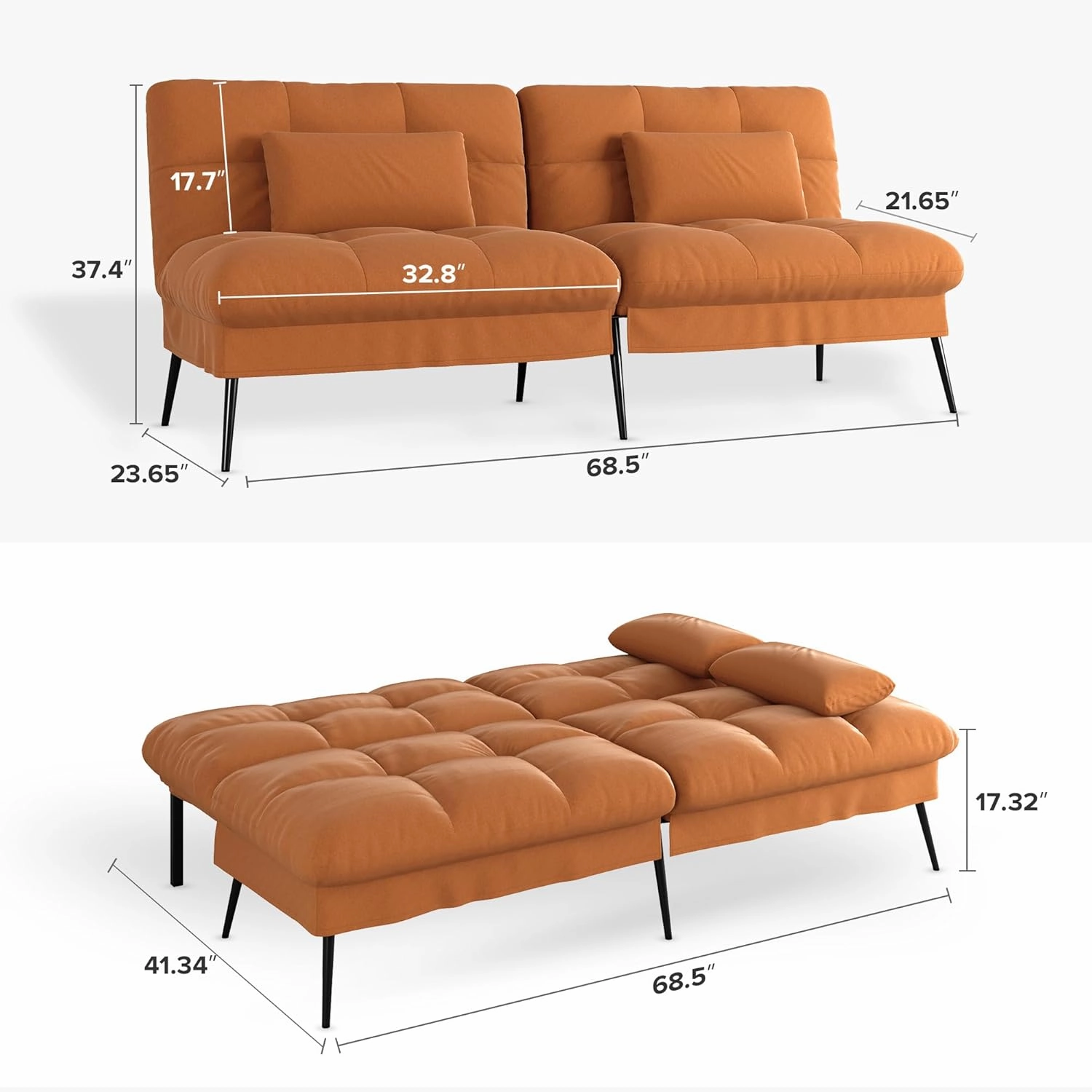 COMHOMA Convertible Sofa Bed,68″Fabric Couch with Adjustable Backrest,Loveseat Recliner Sleeper Living Room Furniture futon Set,Orange