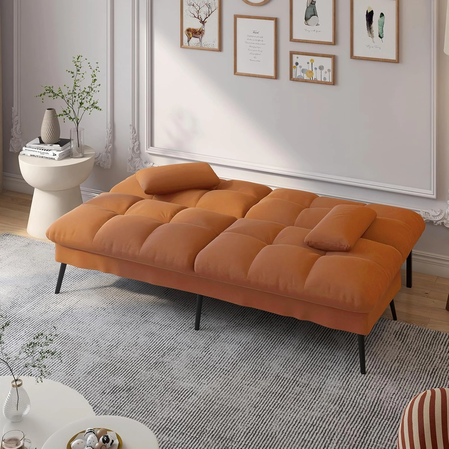 COMHOMA Convertible Sofa Bed,68″Fabric Couch with Adjustable Backrest,Loveseat Recliner Sleeper Living Room Furniture futon Set,Orange