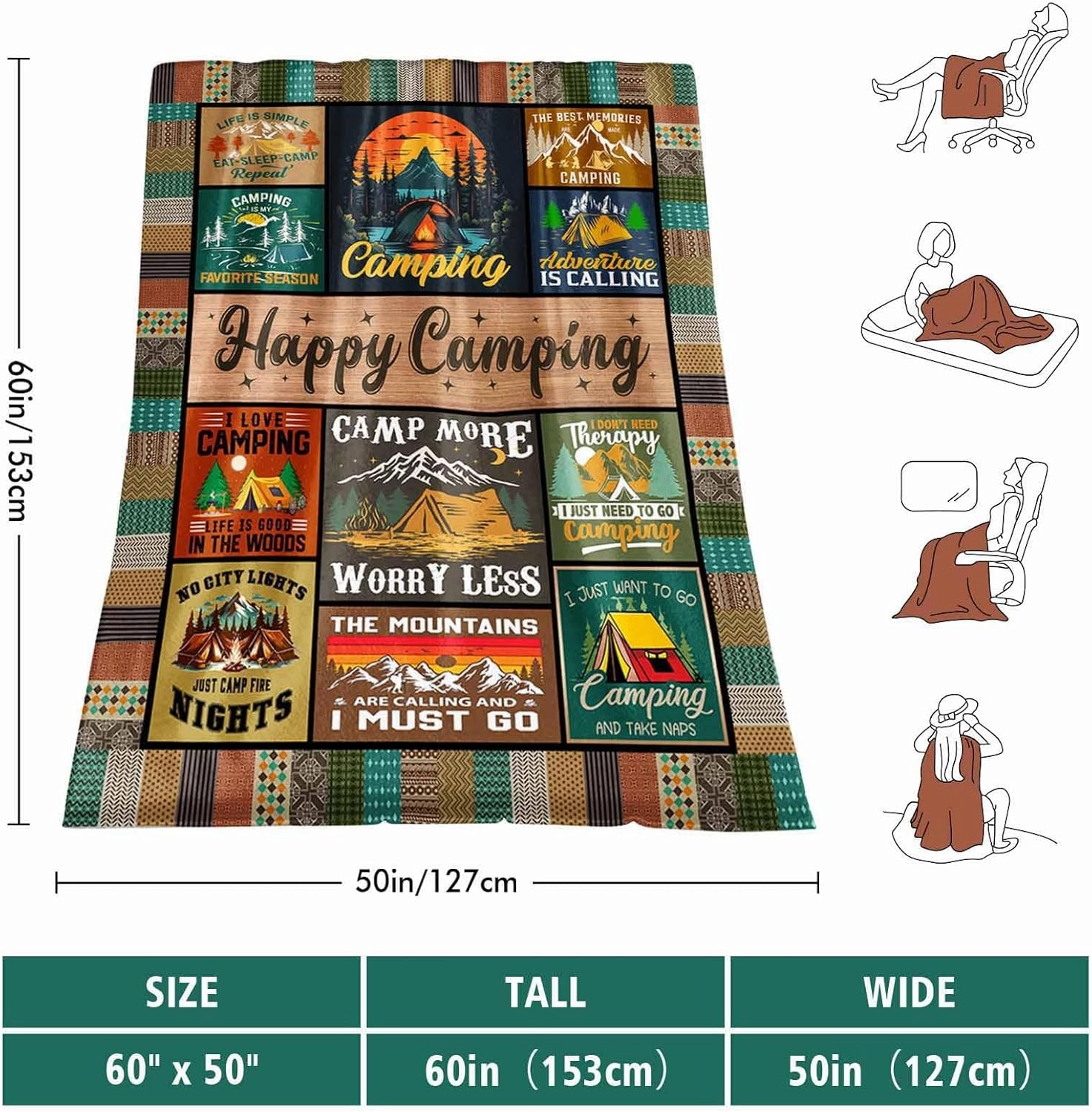 Cool Camping Gifts for Women, Camping Blanket 60" X 50", Woman Camping' Gift Camper Decor, Camp Blanket, Camping' Stuff, Camping's Decor for Camper, Blankets Gifts for Camping Lover