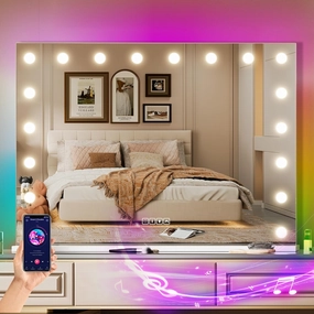 COOLJEEN Vanity Mirror with Lights and Bluetooth, 32x23 Inch 18 Bulbs Front and RGB Backlit Makeup Mirror with Dimmable 3 Color, Tempered Glass, Detachable 10X Magnification, Tabletop & Wall-Mounted