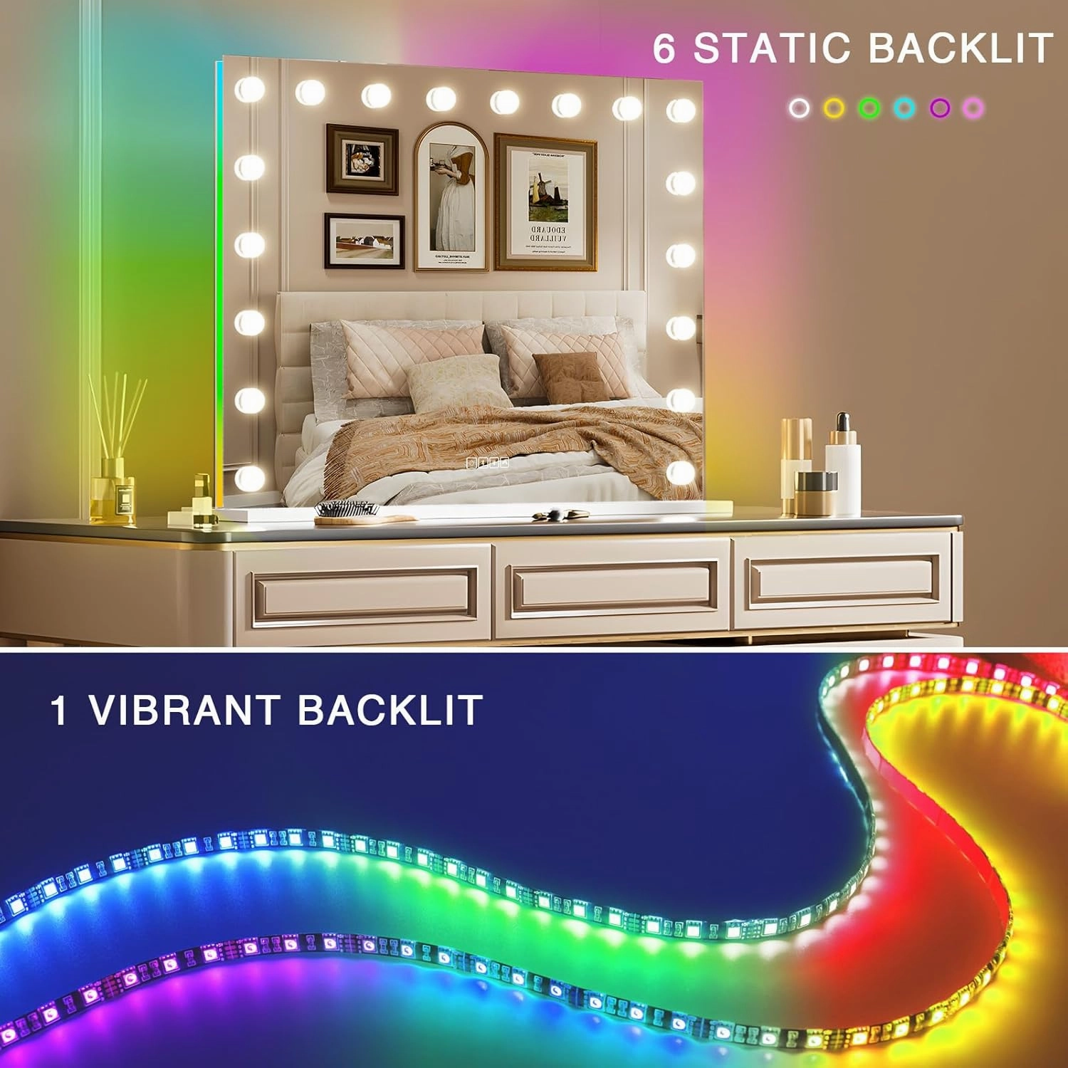 COOLJEEN Vanity Mirror with Lights and Bluetooth, 32x23 Inch 18 Bulbs Front and RGB Backlit Makeup Mirror with Dimmable 3 Color, Tempered Glass, Detachable 10X Magnification, Tabletop & Wall-Mounted