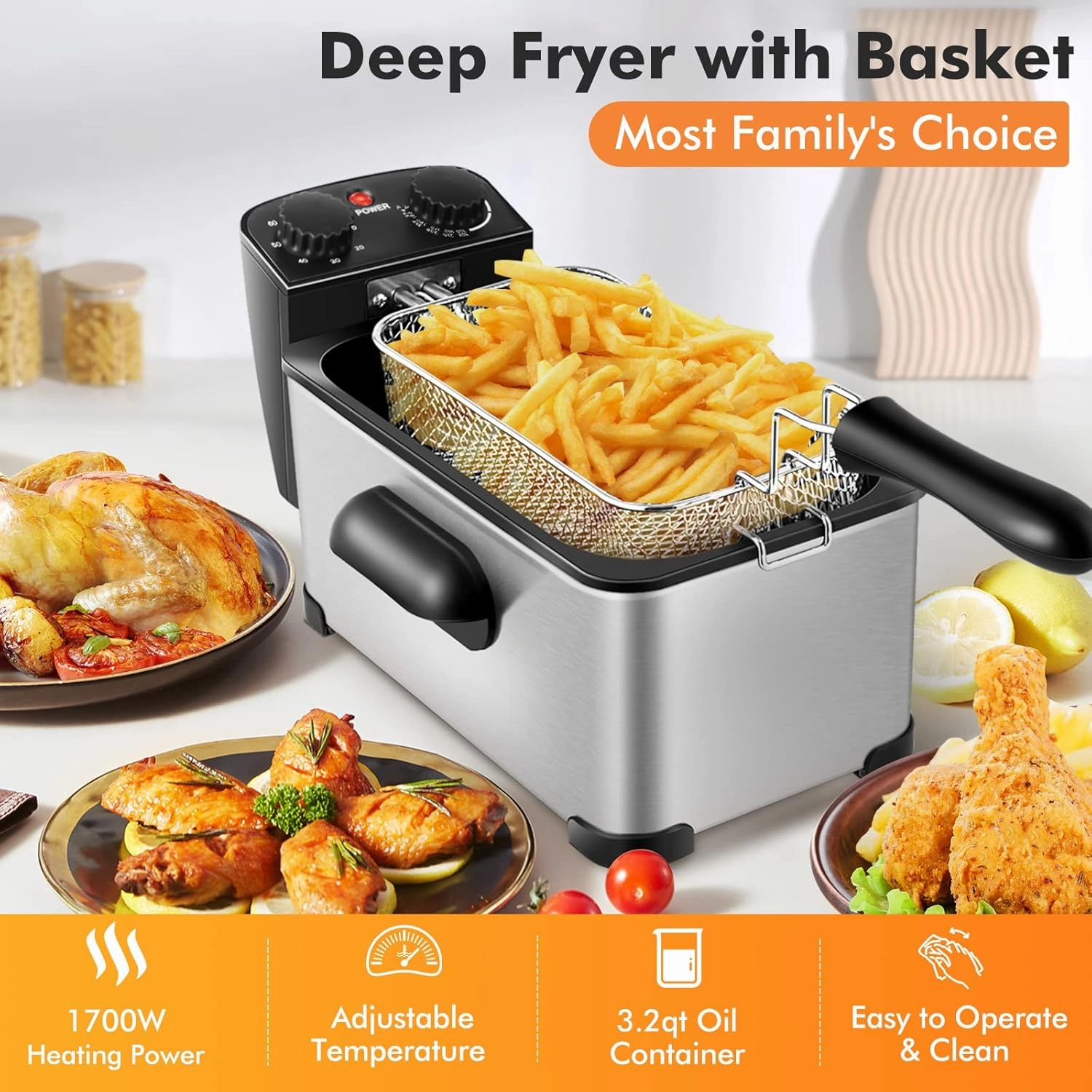 COSTWAY Deep Fryer with Basket, 3.2Qt Stainless Steel Electric Oil Fryer w/Adjustable Temperature, Timer, Lid with View Window, Professional Style, Deep Fryer Pot for Home Use, French Fries, Chicken