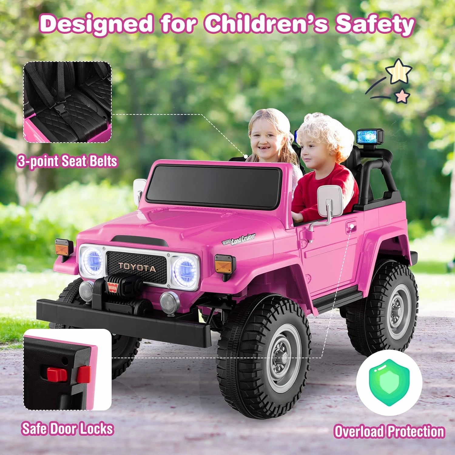 Costzon 2 Seater Ride on Car, 12V Licensed Toyota FJ40 Ride On Truck with 2.4G Remote Control, Spring Suspension, Storage Box, Colorful Lights, Music, USB Port & FM, Electric Car for Kids (Pink)