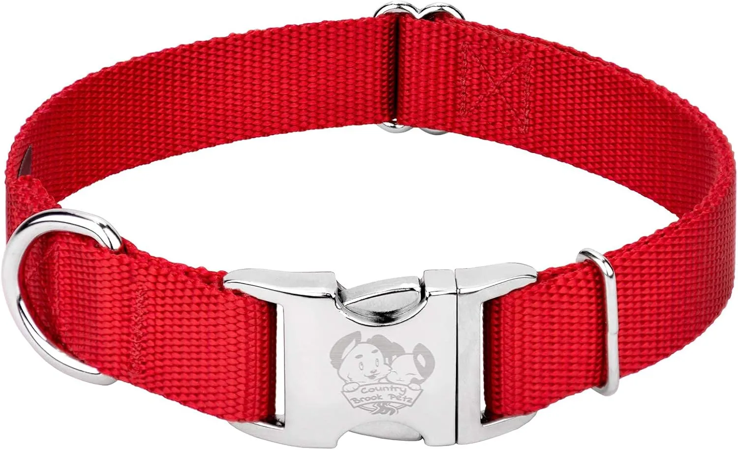 Country Brook Petz Premium Nylon Dog Collar with Metal Buckle for Small Medium Large Breeds - Vibrant 30  Color Selection (Extra Large, 1 Inch, Bright Red)