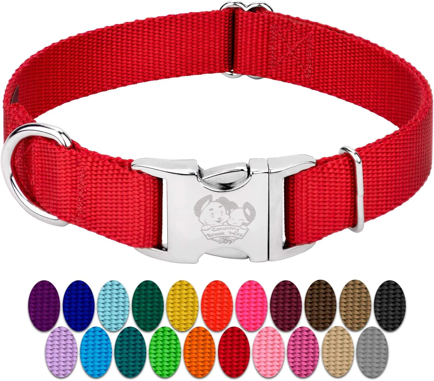 Country Brook Petz Premium Nylon Dog Collar with Metal Buckle for Small Medium Large Breeds - Vibrant 30  Color Selection (Extra Large, 1 Inch, Bright Red)
