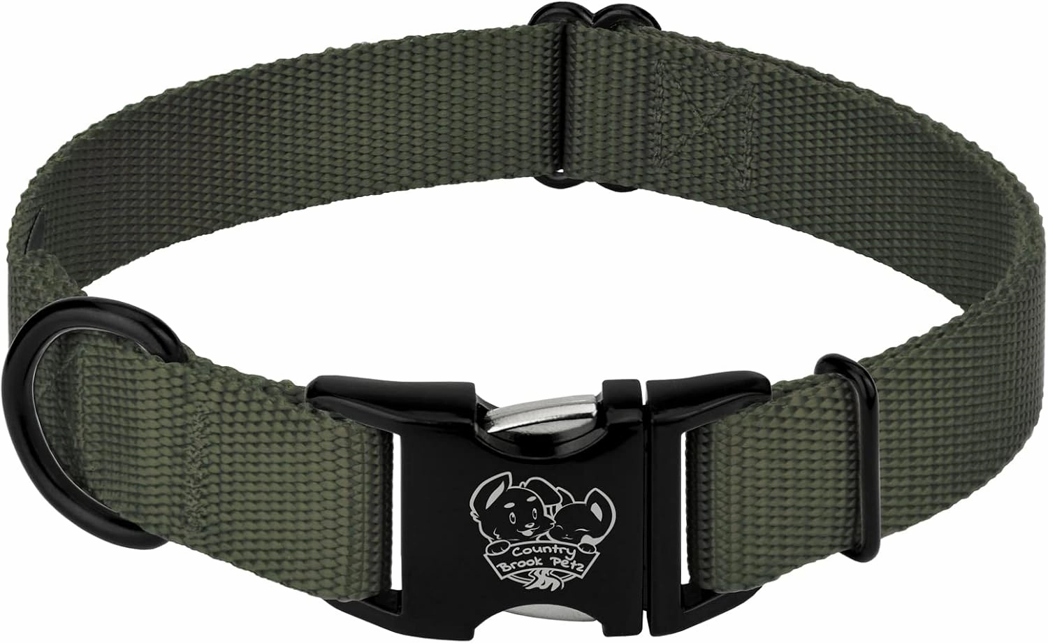 Country Brook Petz Premium Nylon Dog Collar with Metal Buckle for Small Medium Large Breeds - Vibrant 30  Color Selection (Large, 1 Inch, Dark Olive Drab)