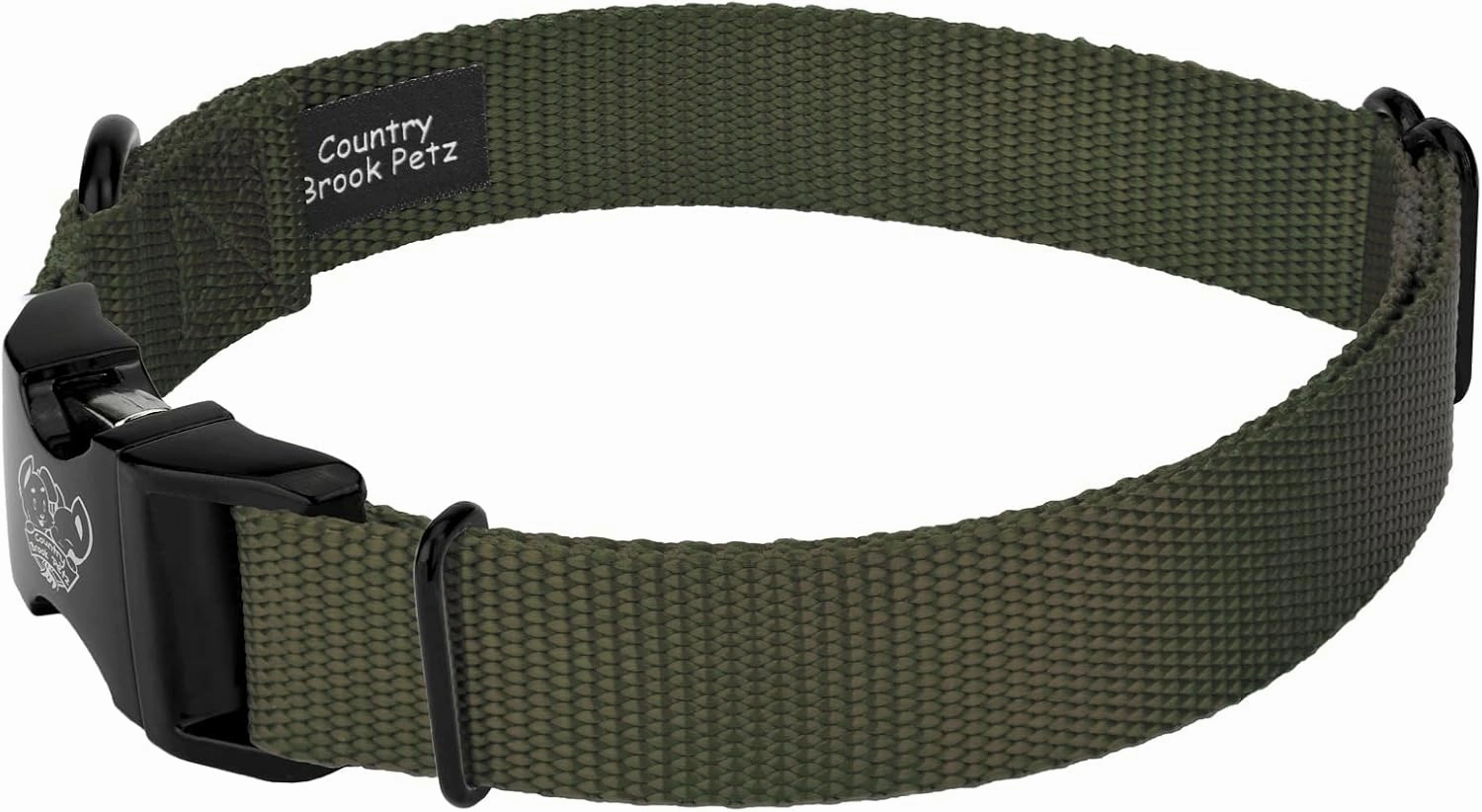 Country Brook Petz Premium Nylon Dog Collar with Metal Buckle for Small Medium Large Breeds - Vibrant 30  Color Selection (Large, 1 Inch, Dark Olive Drab)