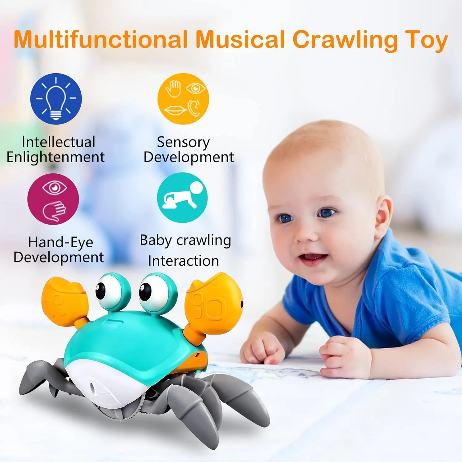 Crawling Crab Baby Toy - Tummy Time Toys - with Music and LED Light,Built-in Rechargeable Battery and Volume Can be Turned Off for 0-6 6-12 12-18 36 Months Walking Toddler Birthday Gift(Blue)