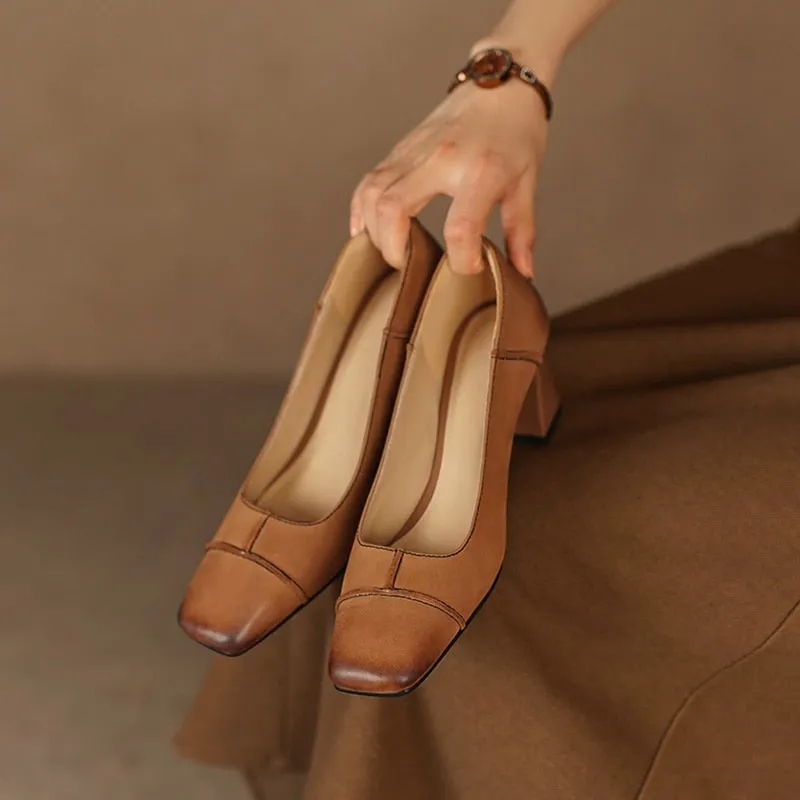 creamtopmall 2023 new Spring women pumps natural leather 22-25cm length sheepskin cowhide pigskin full leather square toe shoes fashion
