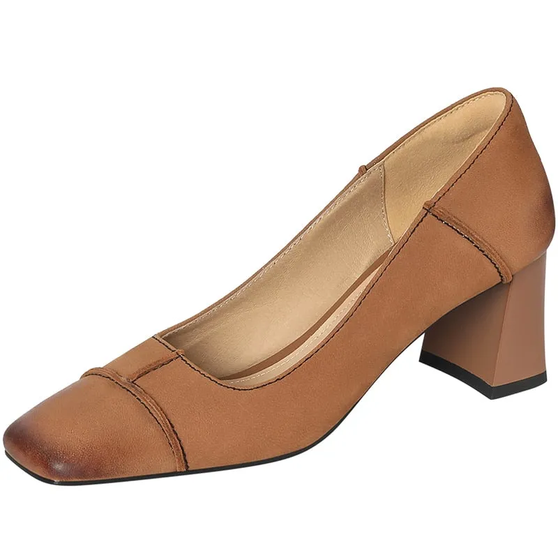 creamtopmall 2023 new Spring women pumps natural leather 22-25cm length sheepskin cowhide pigskin full leather square toe shoes fashion