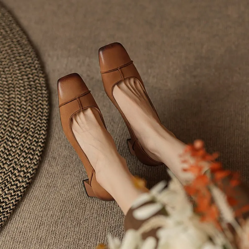 creamtopmall 2023 new Spring women pumps natural leather 22-25cm length sheepskin cowhide pigskin full leather square toe shoes fashion