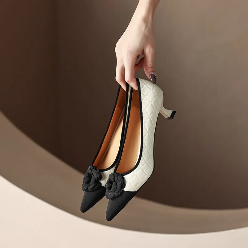 creamtopmall  new Spring women pumps natural leather 22-24.5cm sheepskin cowhide pigskin pointed toe flower high heel shoes fashion