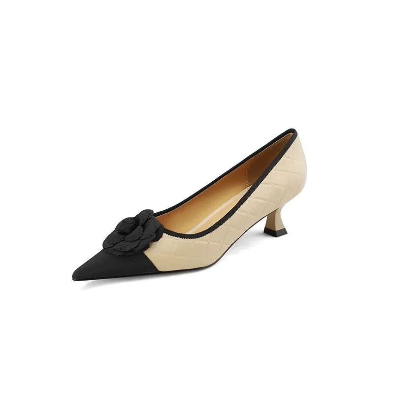 creamtopmall  new Spring women pumps natural leather 22-24.5cm sheepskin cowhide pigskin pointed toe flower high heel shoes fashion