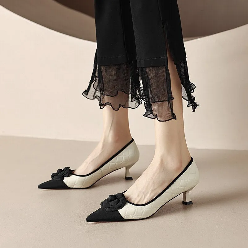 creamtopmall  new Spring women pumps natural leather 22-24.5cm sheepskin cowhide pigskin pointed toe flower high heel shoes fashion