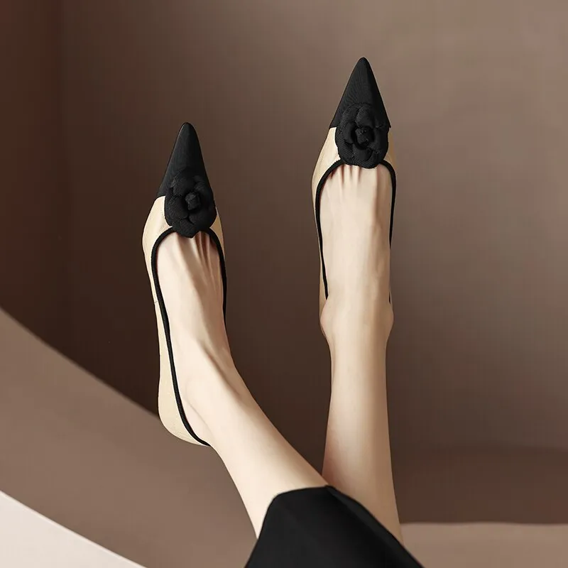 creamtopmall  new Spring women pumps natural leather 22-24.5cm sheepskin cowhide pigskin pointed toe flower high heel shoes fashion