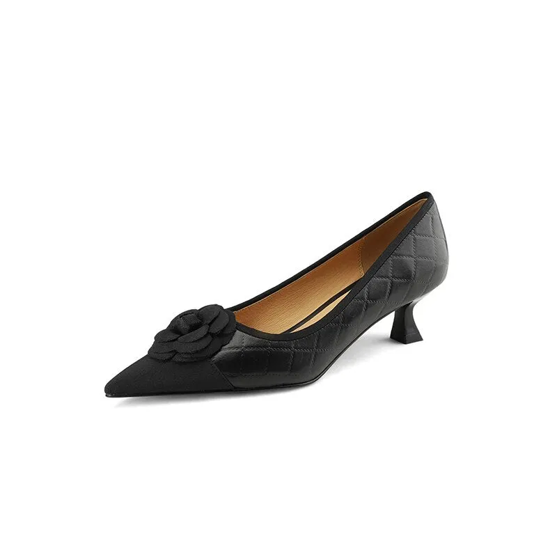 creamtopmall  new Spring women pumps natural leather 22-24.5cm sheepskin cowhide pigskin pointed toe flower high heel shoes fashion