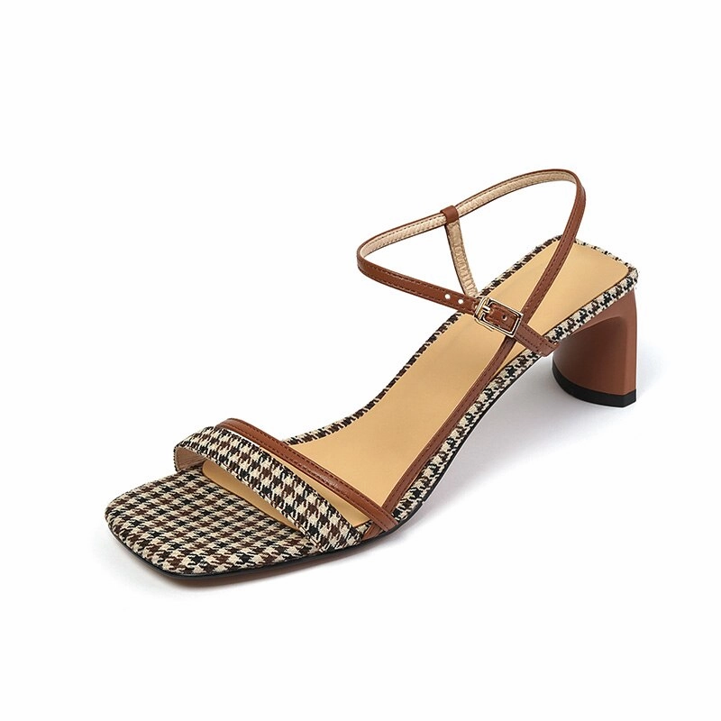 creamtopmall 2023 new Women sandals natural leather 22-25cm Plaid microfiber leather cross-tied women Open-toe Light luxury retro sandals