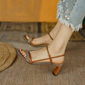 creamtopmall 2023 new Women sandals natural leather 22-25cm Plaid microfiber leather cross-tied women Open-toe Light luxury retro sandals