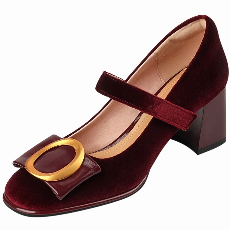 creamtopmall new spring women pumps natural leather 22-24.5cm Flannel   cowhide Upper metal vintage mary jane shoes for women high heels