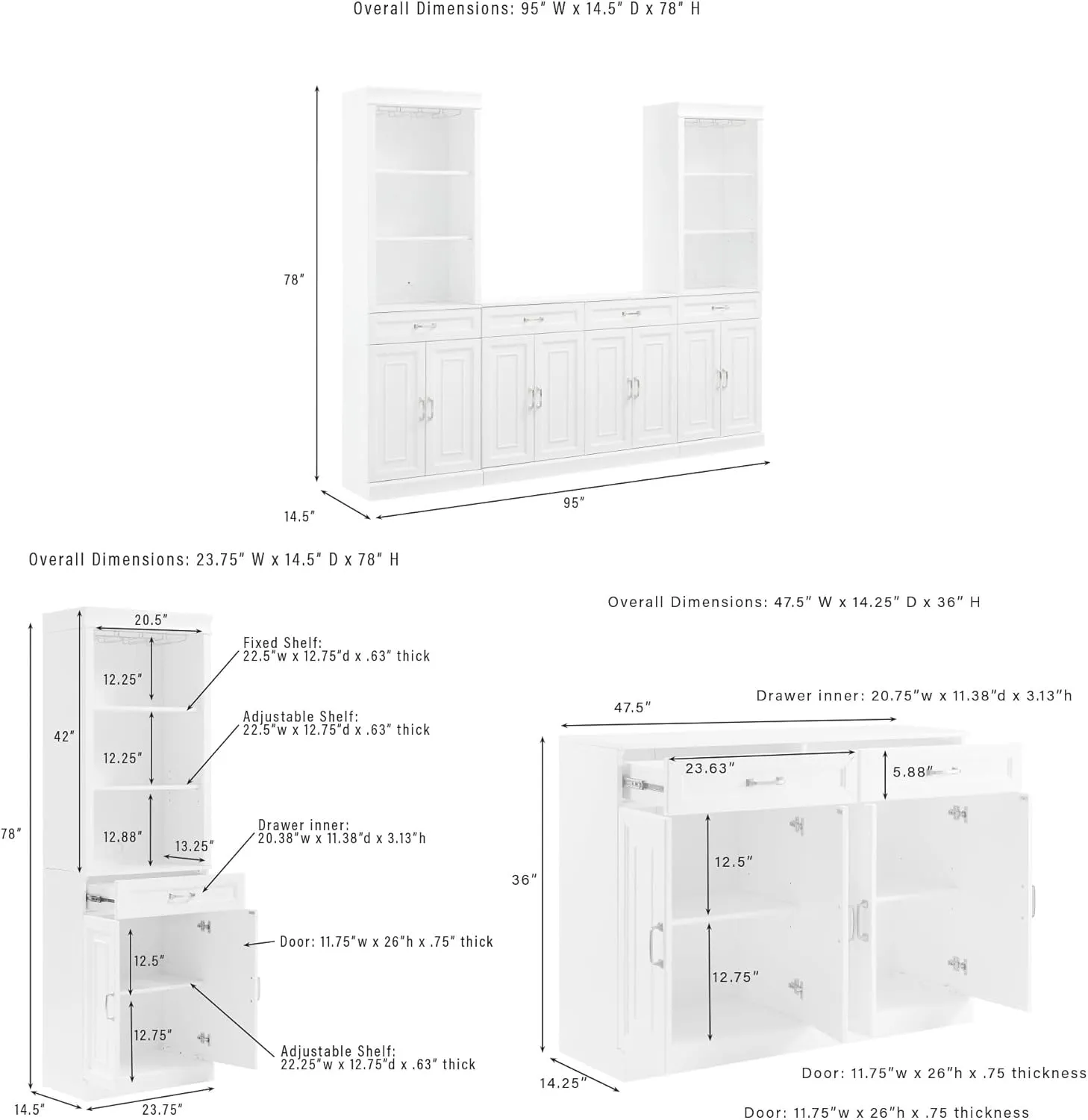 Crosley Furniture Stanton 2-Piece Wine, Liquor, Coffee Bar Cabinet Set with Sideboard and Storage Shelves, White