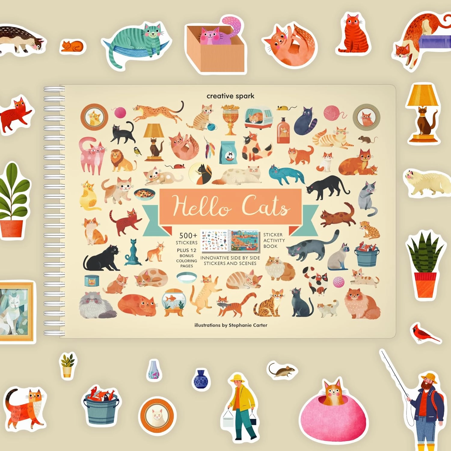 Cupkin Hello Cats Sticker Book Activity for Kids, Toddler Airplane Travel Essentials, 500  Stickers for Kids 12 Scenes   Coloring Book Pages, Cat Gift Girls and Boys, Children's Crafts Ages 2-8