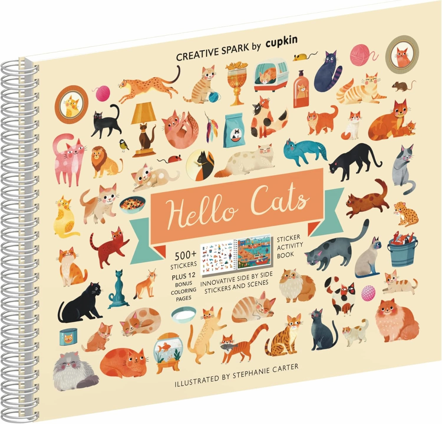 Cupkin Hello Cats Sticker Book Activity for Kids, Toddler Airplane Travel Essentials, 500  Stickers for Kids 12 Scenes   Coloring Book Pages, Cat Gift Girls and Boys, Children's Crafts Ages 2-8