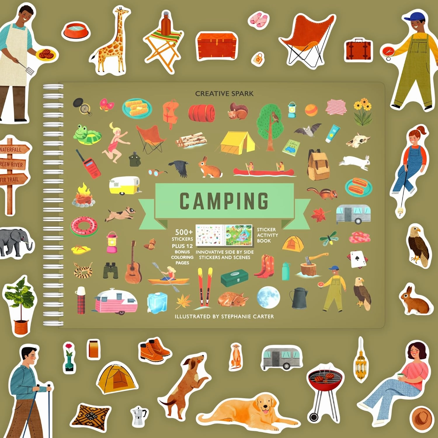 CUPKIN Sticker Book for Kids 2-4, 500  Kids Stickers, Camping Stickers 12 Coloring Pages 12 Side by Side Scenes, Fun Toddler Travel Activity Coloring and Sticker Books for Ages 4-8   8-10