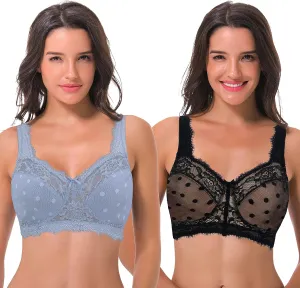 Curve Muse Women's Plus Size Minimizer Unlined Wireless Lace Full Coverage Bras