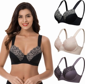 Curve Muse Plus Size Minimizer Underwire Unlined Bras with Embroidery Lace-2 or 3Pack