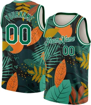 Custom Basketball Jersey, Custom Black Kelly Green-White 3D Pattern Tropical Hawaii Leaves Basketballs Jerseys
