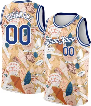 Custom Basketball Jersey, Custom City Cream Royal-White 3D Pattern Beach Seashells and Starfishes Basketballs