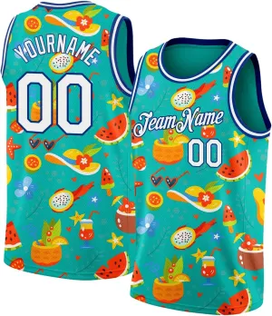 Custom Basketball Jersey, Custom White Royal-Red 3D Pattern Tropical Hawaii Coconut Trees Basketballs Jerseys