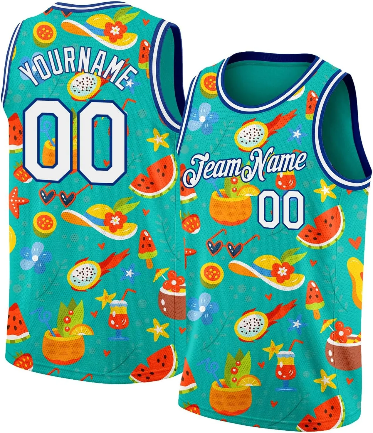 Custom Basketball Jersey, Custom White Royal-Red 3D Pattern Tropical Hawaii Coconut Trees Basketballs Jerseys