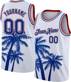 Custom Basketball Jersey, Custom White Royal-Red 3D Pattern Tropical Hawaii Coconut Trees Basketballs Jerseys