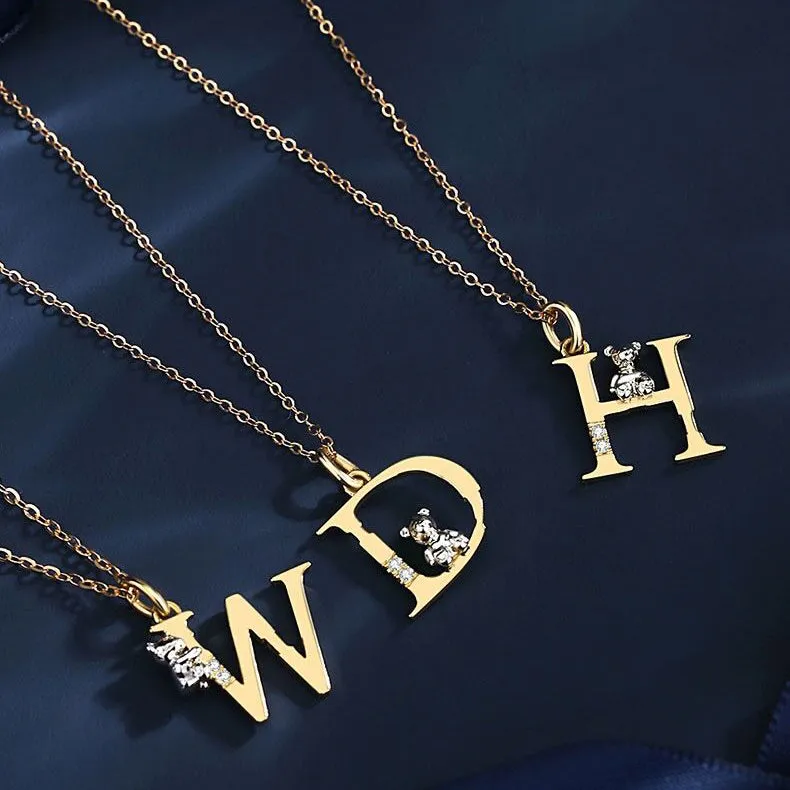 Custom Letter Bear Necklaces - Solid 18K Gold